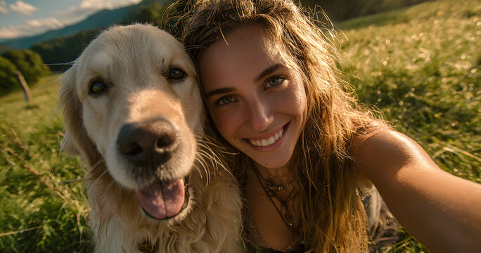 Woman, kiss and selfie with dog on grass field for pcture, memory or companionin nature. Female person, abrador or golden retrieve with hug or affection forcapture, support or care fr pet