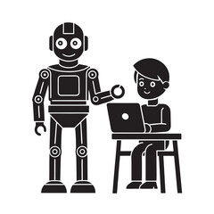 Robot Teaching Child Coding Silhouette Illustration Design