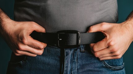 Man tightening a black leather belt on blue jeans, wearing a gray shirt, close-up of hands and waist.