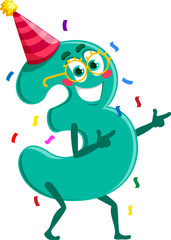 Cartoon funny math number three character birthday holiday party celebration with expressive eyes and big smile. Isolated vector teal digit 3 personage in festive hat, dancing under falling confetti