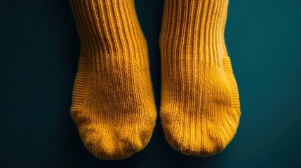Bright yellow socks on feet against a dark green background.
