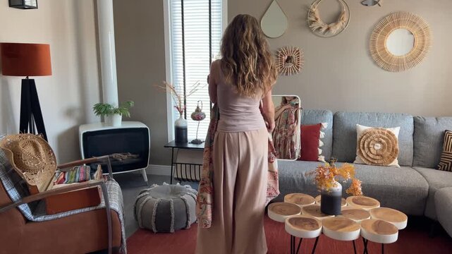Mujer blanca prob&aacute;ndose un vestido frente al espejo en casa 4K