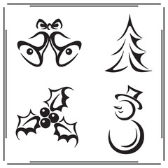 Naklejka premium Christmas Decorations Silhouettes Set - Bells, Christmas Tree, Holly, and Snowman Shapes in Black Vector Illustrations for Holiday, Christmas, and Winter Designs