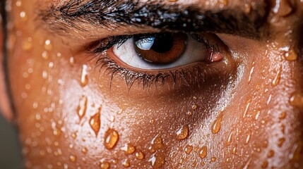 Close-up of a human eye and face covered in sweat droplets, highlighting skin texture and intensity.