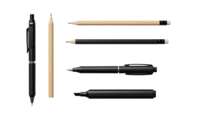 New unbranded writing instruments, pencils, pen, marker, metallic accents, flat lay on transparent studio background with soft light, concept of essential tools