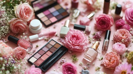 Palette with shadows, nail polish, cream and roses are arranged on a pastel pink surface