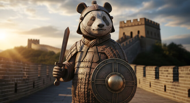 Majestic panda warrior in historical Chinese armor with a sword and shield on the Great Wall at dawn