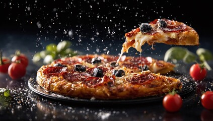 Pepperoni pizza slice gets lifted showing cheese stretch while seasoning falls over a dark background