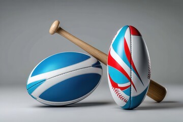 Colorful rugby and baseball balls rest against a wooden bat with a minimalist backdrop, showcasing sports diversity and passion for games