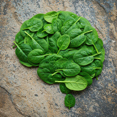 Fototapeta premium Arrangement of fresh spinach leaves forming a brain shape, symbolizing leafy greens as brain boosting foods for memory, focus, and mental clarity.