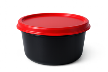 Black plastic container with red lid on transparent background