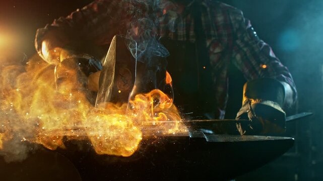 Cinematic close-up of blacksmith forging glowing hot iron on anvil with sparks flying. Shot in dramatic lighting on dark background with high-speed camera at 1000fps.