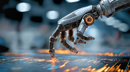 Sleek, Futuristic Robotic Arm Analyzing Digital Data