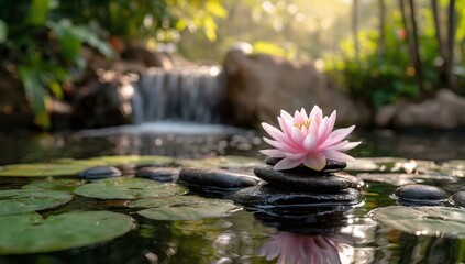 Pink lotus rests serenely upon smooth river stones amidst reflective lily pads and gentle waterfall