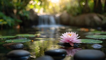 Pink lotus rests serenely upon a smooth stone amidst still water, tranquil waterfall behind