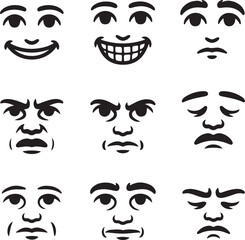 Set of Nine Stylized Black and White Facial Expressions Showing Different Emotions face happy