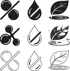 Set of nine icons representing percentage, water drop, and leaf symbols in solid and outline styles liquid