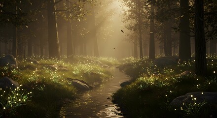 Obraz premium Glowing Stream Under Moonlight in Fantasy Forest