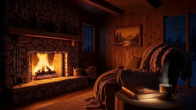 Cozy, warm interior scene with a stone fireplace and a blanket-draped armchair
