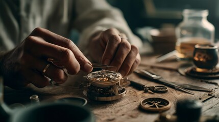 Professional watchmaker carefully using tweezers to repair intricate mechanism of a vintage wristwatch, surrounded by specialized tools on a wooden workbench in his workshop