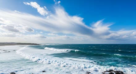 Fototapeta premium Scenic Coastal Landscape with Deep Blue Ocean, Crashing Waves, and Grassy Foreground Under Partly Cloudy Sky