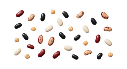 Assorted colorful beans scattered on a seamless black background