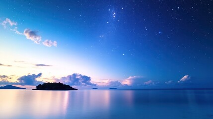 Celestial Serenity: A tranquil seascape, bathed in the soft, ambient light of twilight and a starry sky, reflecting peace and vastness.