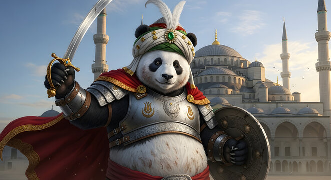 A majestic panda warrior in ornate Ottoman armor, brandishing a scimitar before a grand historical mosque