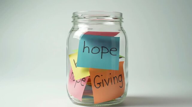 Hand adding a hope note to a jar filled with colorful notes, symbolising charity, support, positive thinking and community spirit for a brighter future