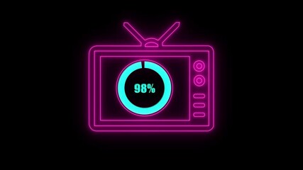 Numerical counting from 0 to 98. Circular progress bar with bright neon light , countdown animation timer circle countdown with television icon, live, stream, exercise, workout transparent background.