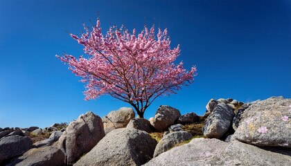 a solitary cherry blossom tree with vibrant pink flowers growing amidst large rocks under a clear blue sky