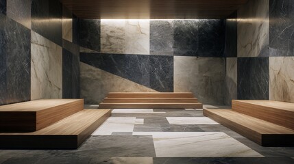 Marble-tiled interior with wooden platforms, illuminated overhead