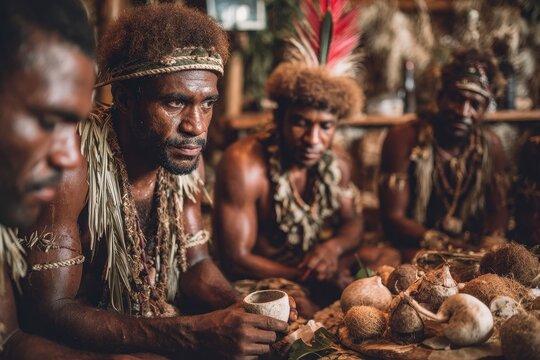 Fiji People. Indigenous Fijians Men in Traditional Kava Ceremony - Melanesian Folklore and Culture