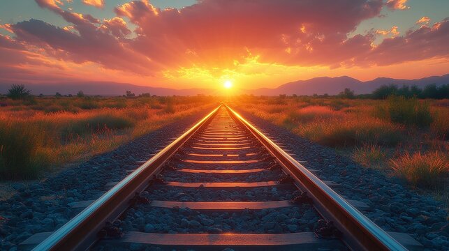 Railway tracks stretch toward the horizon amidst fields under a vibrant sunset sky