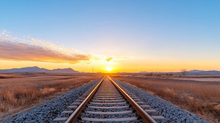 Fototapeta premium Railroad track towards sunrise: The vast landscape is traversed by a single railroad track extending towards a vibrant sunrise, with golden hues of light illuminating the horizon.