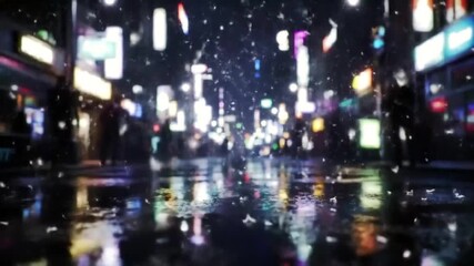 Snow Falling in Neon City Night, Cinematic Futuristic Winter Background - Powered by Adobe