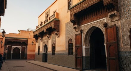 Fototapeta premium Intricate Moroccan Architecture: Warm Sunset Light Illuminates Ornate Facades and Archways