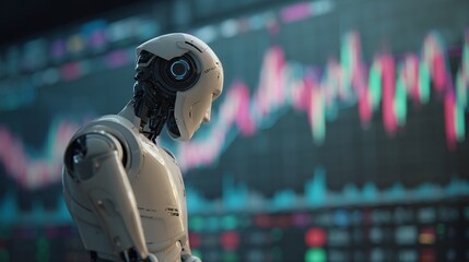 Robotic figure stares pensively at blurred fluctuating graph displayed onscreen with artificial intelligence