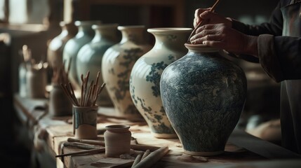 Experienced craftsman meticulously painting intricate blue designs on ceramic vases, showcasing the artistry and precision of traditional pottery techniques in a cozy workshop environment