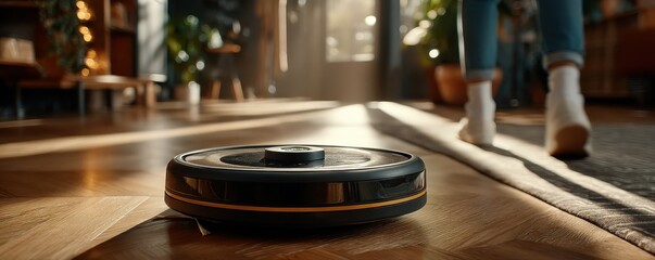 Obraz premium Robotic vacuum cleaner on a wooden floor in a sunlit interior
