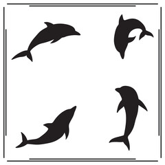 Dolphin Silhouettes Set - Four Different Dolphin Shapes in Black Vector Illustrations for Marine Life, Ocean, and Wildlife Designs