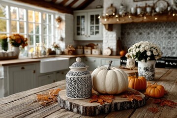 Cozy rustic kitchen interior decorated for fall with orange pumpkins, flowers and leaves, autumn home decoration