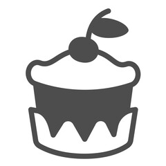 Fresh bun solid icon, desert sweets concept. Vector graphics. Cupcake in glaze and cherry sign on white background, glyph style icon for mobile or web design.