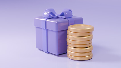 골드 동전과 리본 장식이 달린 보라색 선물 상자 모델링