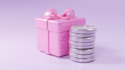분홍색 선물 상자와 동전 모형