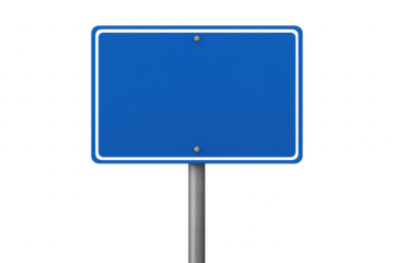 Blank blue road sign on transparent background with metal pole and rivets holding a framed panel