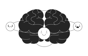 EQ brain orbiting emotions 2D line object. Human psychology. Emoticons mind intelligence emotional. Neuroscience mental health isolated clipart vector ink outline item. Monochrome spot illustration