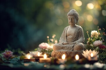 Serene Buddha statue sits amidst flowers and glowing candlelight for peaceful spiritual meditation