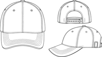 Baseball cap technical sketch, front, side, and rear views, curved brim, adjustable strap, fashion flat, vector garment illustration
