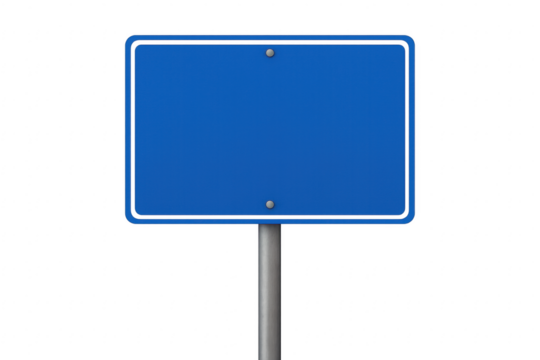 Blank blue road sign on transparent background with metal pole and rivets holding a framed panel